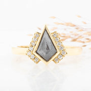 Noah James Jewellers Manchester In Stock Engagement Ring Astrid Kite Shape Salt and Pepper Diamond fancy half halo Ring 18ct yellow gold Lab Grown Diamond Moissanite