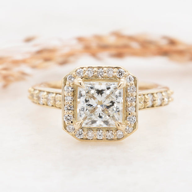 Noah James Jewellers Manchester Bespoke Gallery BESPOKE 18CT YELLOW GOLD PRINCESS CUT WITH HALO ENGAGEMENT RING Lab Grown Diamond Moissanite