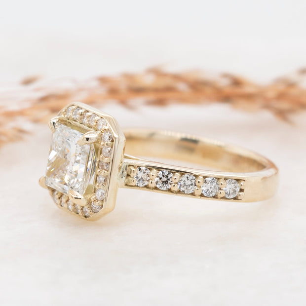 Noah James Jewellers Manchester Bespoke Gallery BESPOKE 18CT YELLOW GOLD PRINCESS CUT WITH HALO ENGAGEMENT RING Lab Grown Diamond Moissanite