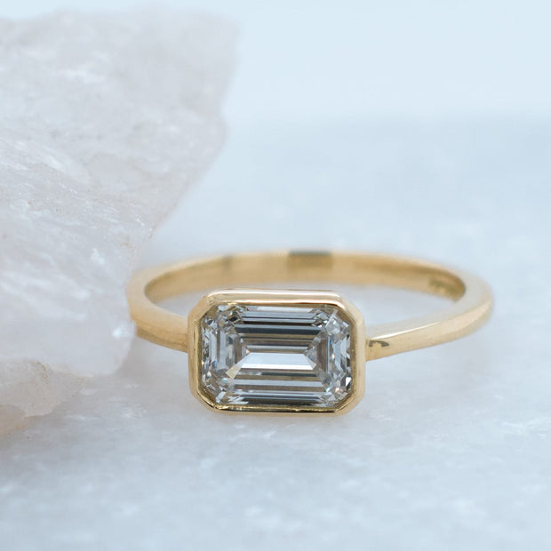 Noah James Jewellers Manchester Bespoke Gallery BESPOKE EMERALD CUT RUBOVER YELLOW GOLD ENGAGEMENT RING Lab Grown Diamond Moissanite