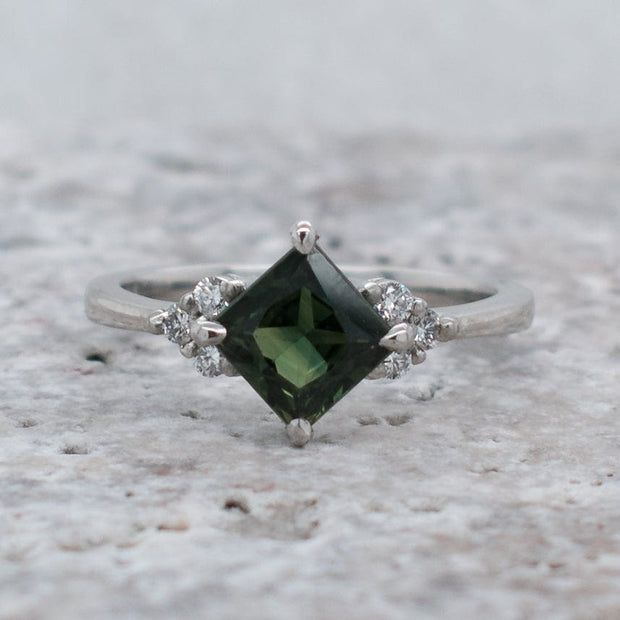 Noah James Jewellers Manchester Bespoke Gallery BESPOKE GREEN SAPPHIRE PLATINUM ENGAGEMENT RING Lab Grown Diamond Moissanite