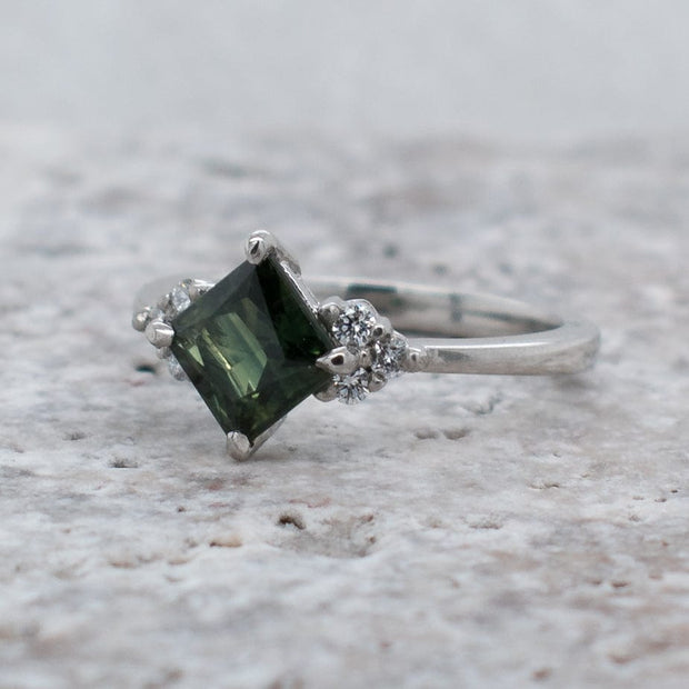 Noah James Jewellers Manchester Bespoke Gallery BESPOKE GREEN SAPPHIRE PLATINUM ENGAGEMENT RING Lab Grown Diamond Moissanite