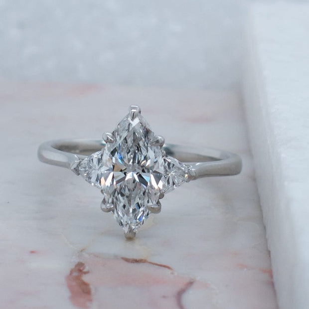 Noah James Jewellers Manchester Bespoke Gallery BESPOKE MARQUISE TRIO PLATINUM ENGAGEMENT RING Lab Grown Diamond Moissanite