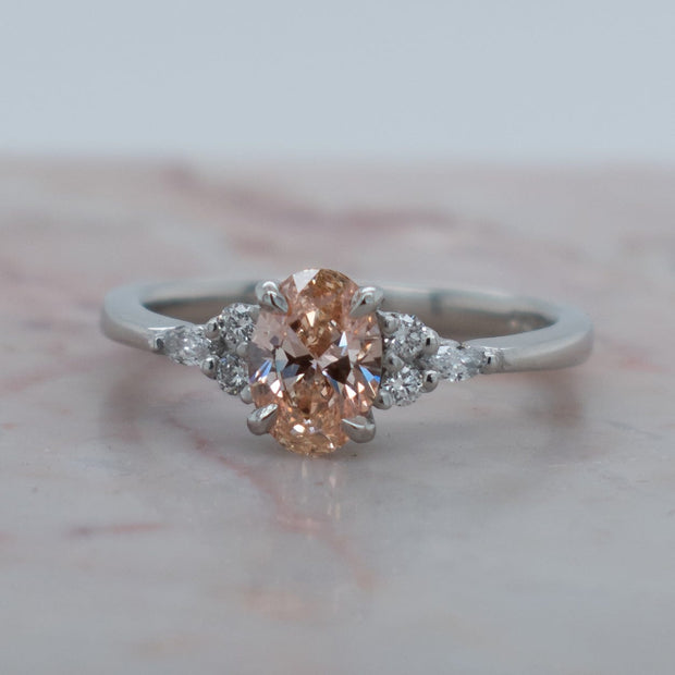 Noah James Jewellers Manchester Bespoke Gallery BESPOKE OVAL PEACH SAPPHIRE PLATIUM ENGAGEMENT RING Lab Grown Diamond Moissanite