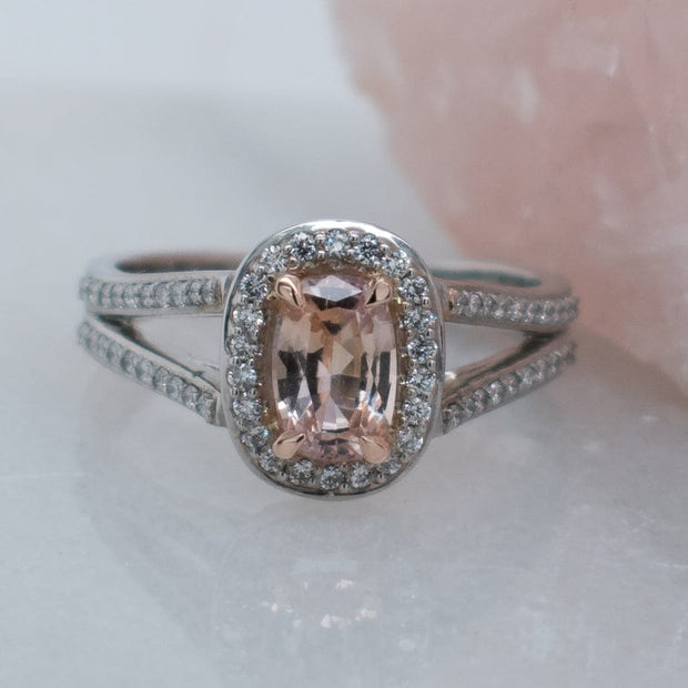 Noah James Jewellers Manchester Bespoke Gallery BESPOKE PINK SAPPHIRE OVAL HOLA ENGAGEMENT RING Lab Grown Diamond Moissanite