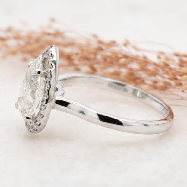 Noah James Jewellers Manchester Bespoke Gallery BESPOKE PEAR SHAPE WITH HALO PLATINUM ENGAGEMENT RING Lab Grown Diamond Moissanite