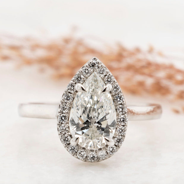 Noah James Jewellers Manchester Bespoke Gallery BESPOKE PEAR SHAPE WITH HALO PLATINUM ENGAGEMENT RING Lab Grown Diamond Moissanite