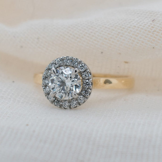 Noah James Jewellers Manchester Bespoke Gallery BESPOKE ROUND CUT HALO YELLOW GOLD ENGAGEMENT RING Lab Grown Diamond Moissanite