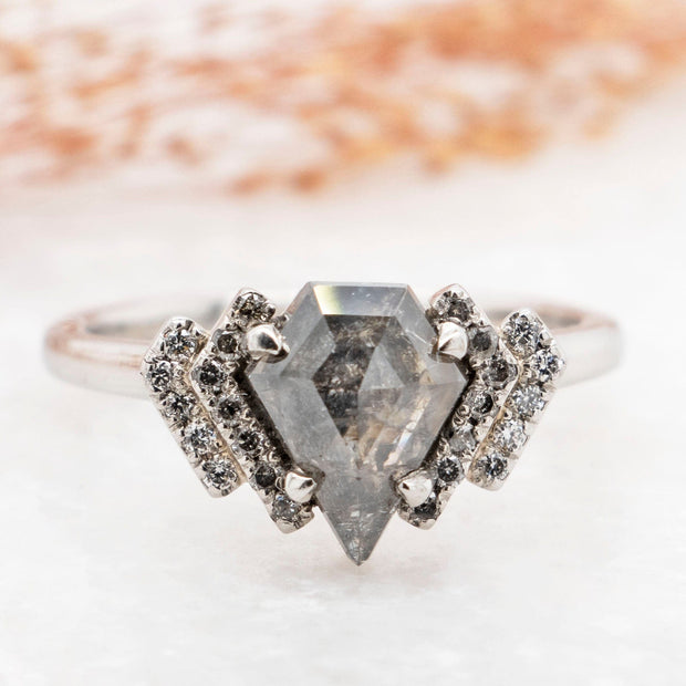 Noah James Jewellers Manchester Bespoke Gallery BESPOKE SHIELD CUT SALT AND PEPPER DIAMOND PLATINUM ENGAGEMENT RING Lab Grown Diamond Moissanite