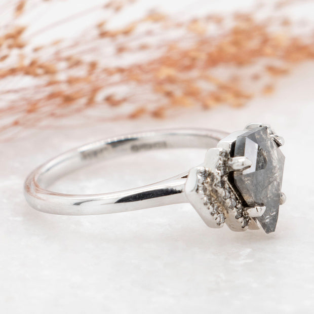 Noah James Jewellers Manchester Bespoke Gallery BESPOKE SHIELD CUT SALT AND PEPPER DIAMOND PLATINUM ENGAGEMENT RING Lab Grown Diamond Moissanite