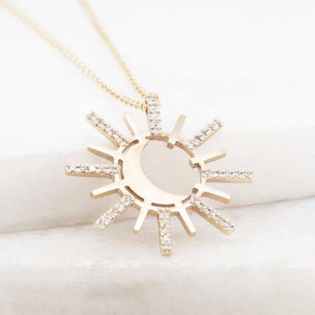 Noah James Jewellers Manchester Bespoke Gallery BESPOKE SUN AND MOON YELLOW GOLD PENDANT Lab Grown Diamond Moissanite