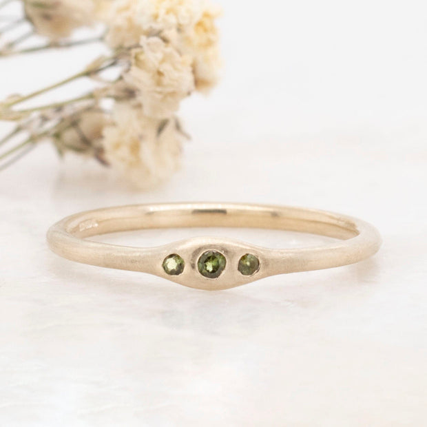 Noah James Jewellers Manchester Bespoke Gallery BESPOKE THREE STONE GREEN TOURMALINE RING Lab Grown Diamond Moissanite