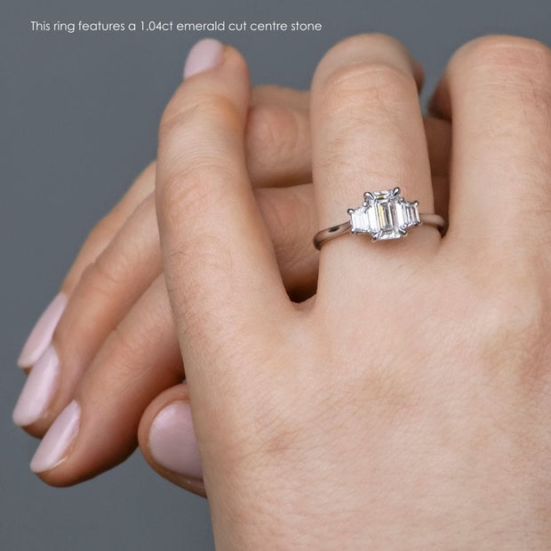 Noah James Jewellers Manchester In Stock Engagement Ring Camille Emerald Cut and Trapeze Cut 3 Stone Lab Grown Diamond Engagement Ring Platinum Lab Grown Diamond Moissanite