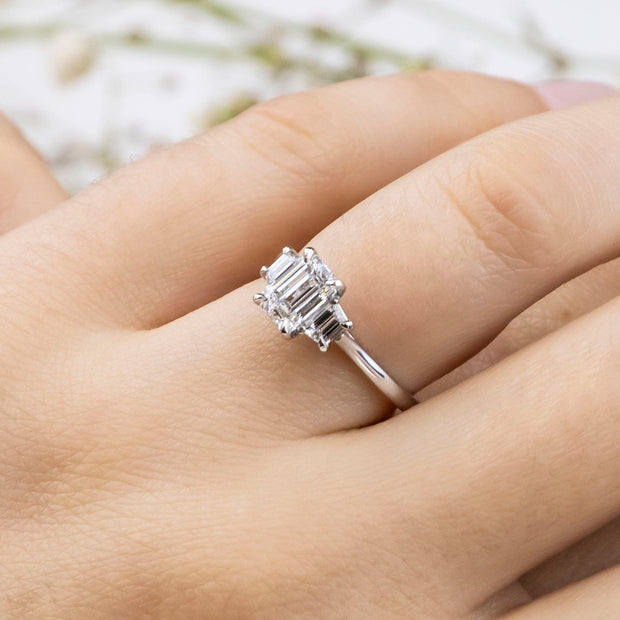 Noah James Jewellers Manchester In Stock Engagement Ring Camille Emerald Cut and Trapeze Cut 3 Stone Lab Grown Diamond Engagement Ring Platinum Lab Grown Diamond Moissanite