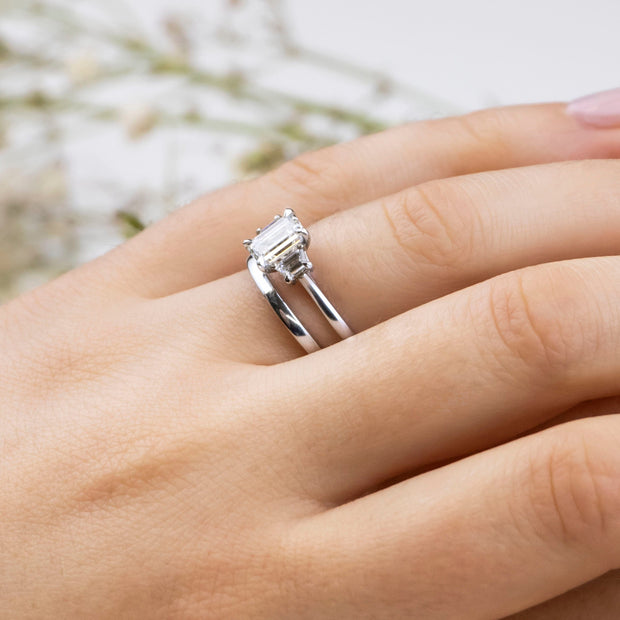 Noah James Jewellers Manchester In Stock Engagement Ring Camille Emerald Cut and Trapeze Cut 3 Stone Lab Grown Diamond Engagement Ring Platinum Lab Grown Diamond Moissanite