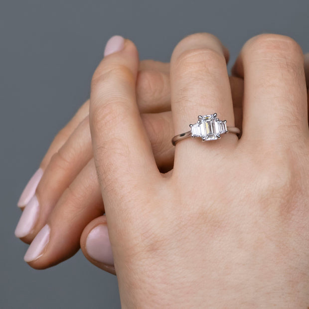 Camille Emerald Cut and Trapezoid Cut 3 Stone Engagement Ring Yellow Gold