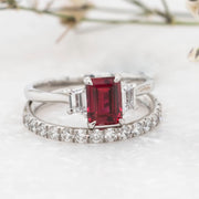 Noah James Jewellers Manchester In Stock Engagement Ring Camille Emerald Cut and Trapeze Cut 3 Stone Lab Grown Ruby Engagement Ring Platinum Lab Grown Diamond Moissanite