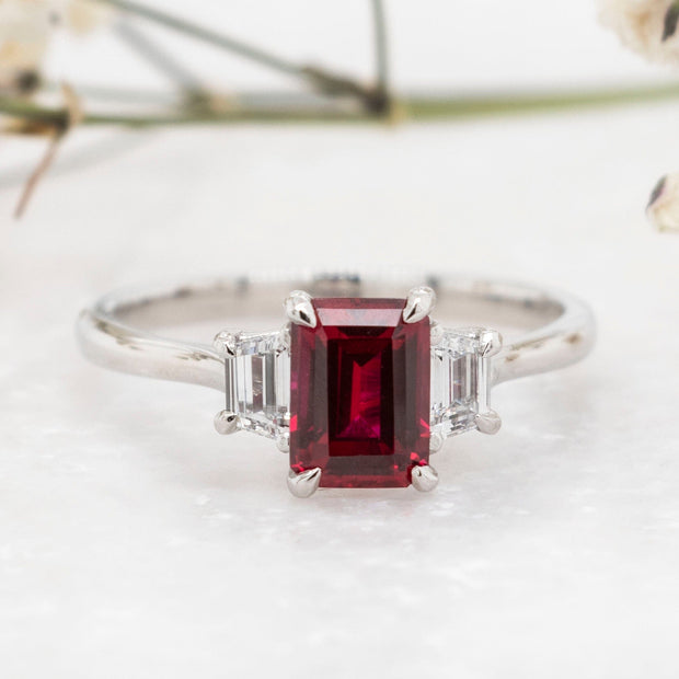 Noah James Jewellers Manchester In Stock Engagement Ring Camille Emerald Cut and Trapeze Cut 3 Stone Lab Grown Ruby Engagement Ring Platinum Lab Grown Diamond Moissanite