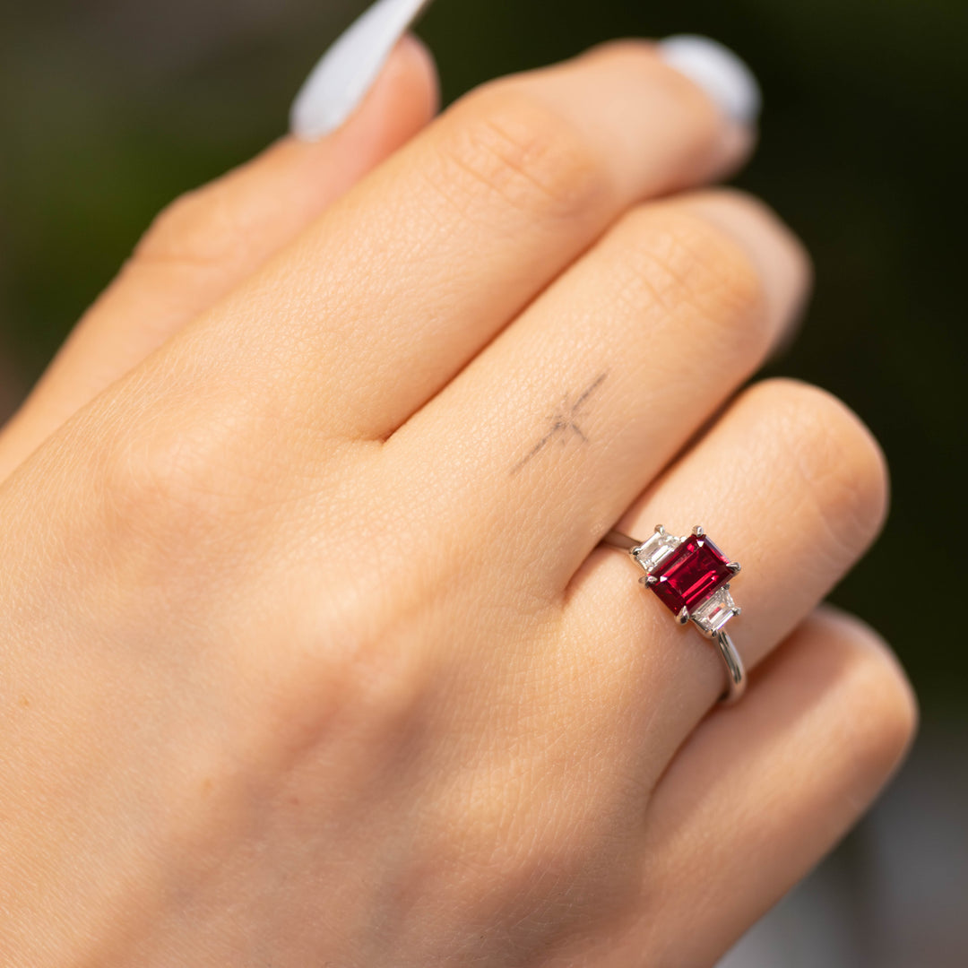 Camille Emerald Cut and Trapeze Cut 3 Stone Lab Grown Ruby Engagement