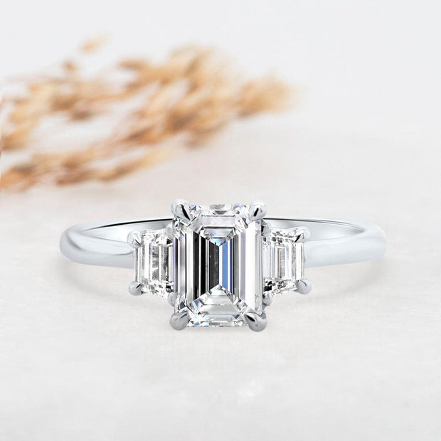 Noah James Jewellers Manchester Engagement Ring Platinum Camille Emerald Cut and Trapezoid Cut 3 Stone Engagement Ring Platinum Lab Grown Diamond Moissanite