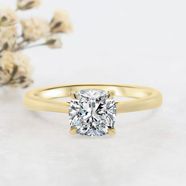 Noah James Jewellers Manchester Engagement Ring Celeste Cushion Cut Solitaire Engagement Ring Yellow Gold Lab Grown Diamond Moissanite
