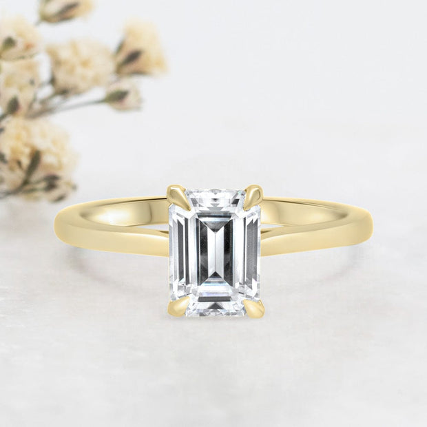 Noah James Jewellers Manchester Engagement Ring Celeste Emerald Cut Solitaire Engagement Ring Yellow Gold Lab Grown Diamond Moissanite