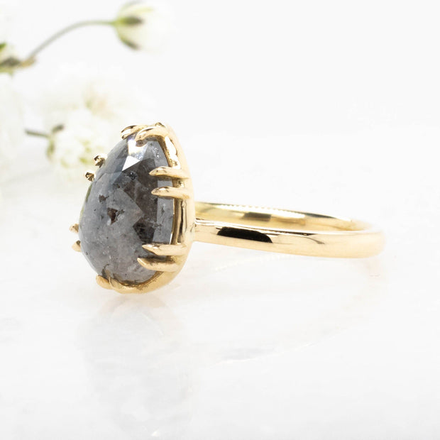 Noah James Jewellers Manchester In Stock Engagement Ring Clara Pear Shape Salt and Pepper Diamond Solitaire Ring 18ct Yellow Gold Lab Grown Diamond Moissanite