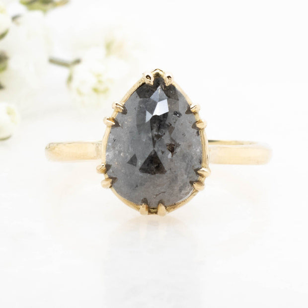 Noah James Jewellers Manchester In Stock Engagement Ring Clara Pear Shape Salt and Pepper Diamond Solitaire Ring 18ct Yellow Gold Lab Grown Diamond Moissanite