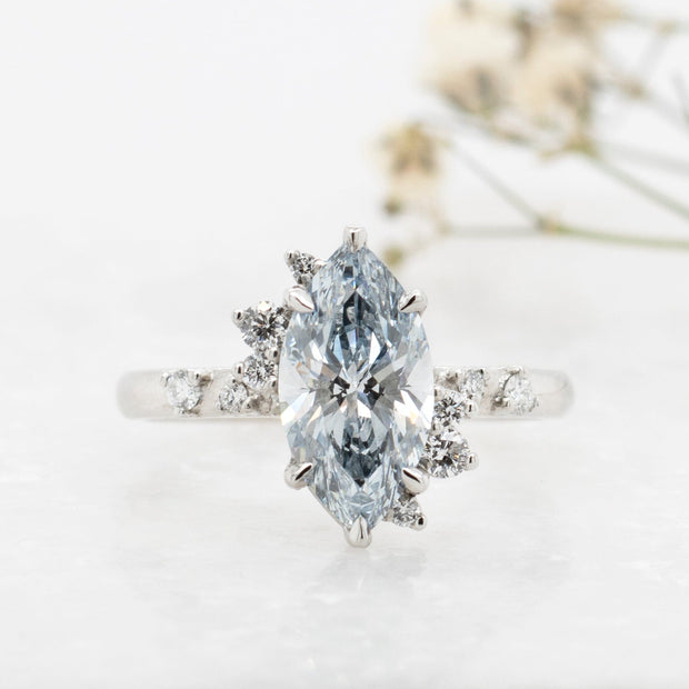 Noah James Jewellers Manchester In Stock Engagement Ring Coralie Marquise Cut Blue Lab Grown Diamond Engagement Ring with asymetric cluster shoulders Platinum 1.00ct Lab Grown Diamond Moissanite