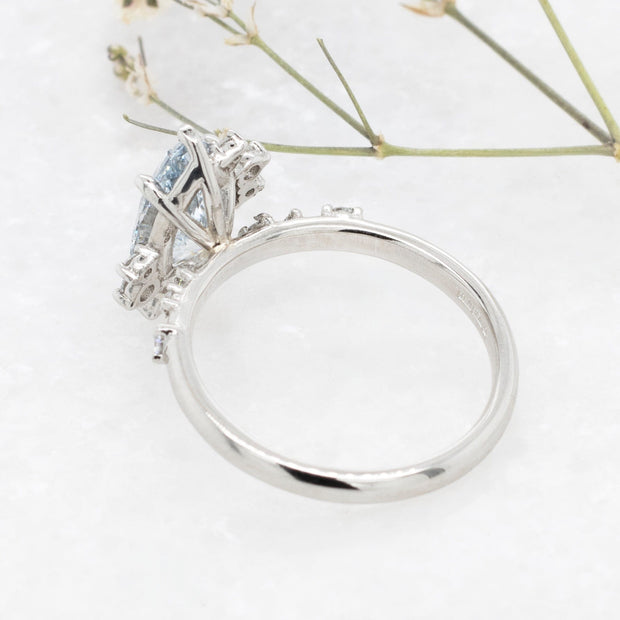 Noah James Jewellers Manchester In Stock Engagement Ring Coralie Marquise Cut Blue Lab Grown Diamond Engagement Ring with asymetric cluster shoulders Platinum 1.00ct Lab Grown Diamond Moissanite