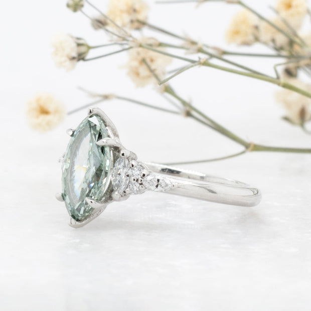 Noah James Jewellers Manchester In Stock Engagement Ring Diana Marquise Cut Green Lab Grown Diamond Engagement Ring with fancy cluster shoulders platinum 1.60ct Lab Grown Diamond Moissanite