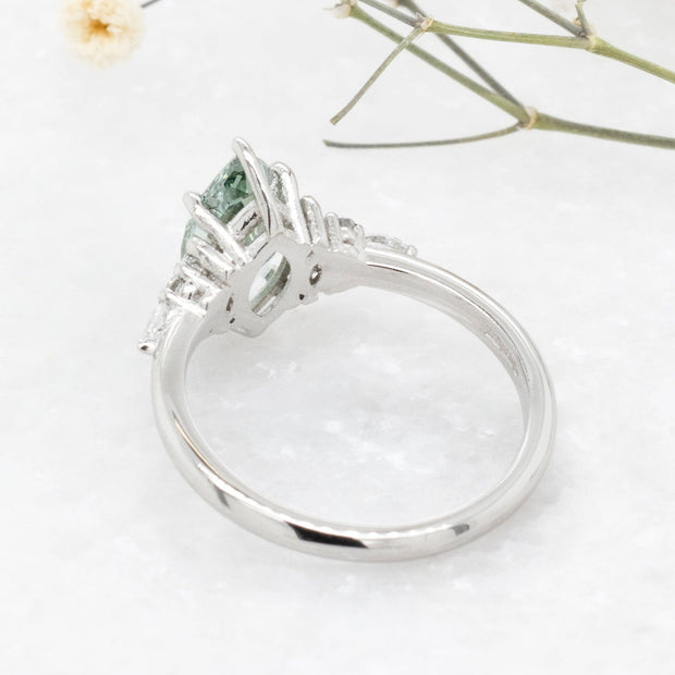 Noah James Jewellers Manchester In Stock Engagement Ring Diana Marquise Cut Green Lab Grown Diamond Engagement Ring with fancy cluster shoulders platinum 1.60ct Lab Grown Diamond Moissanite