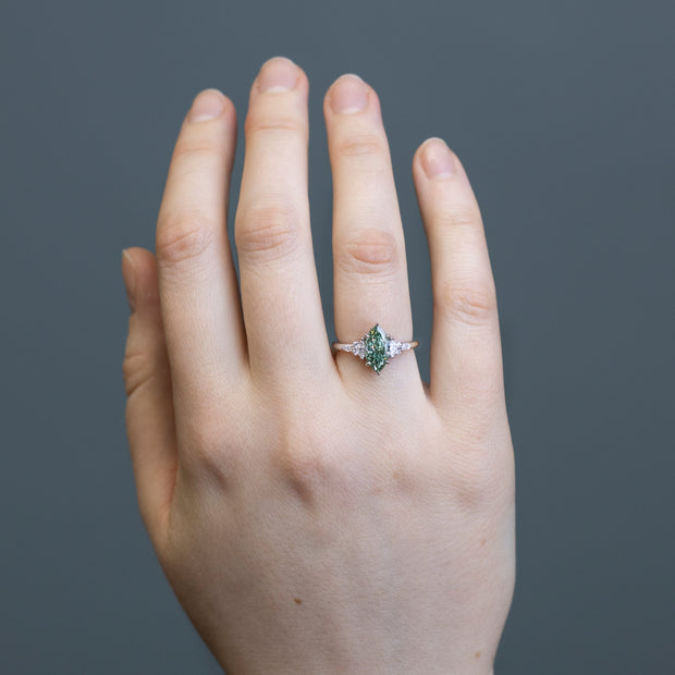 Noah James Jewellers Manchester In Stock Engagement Ring Diana Marquise Cut Green Lab Grown Diamond Engagement Ring with fancy cluster shoulders platinum 1.60ct Lab Grown Diamond Moissanite