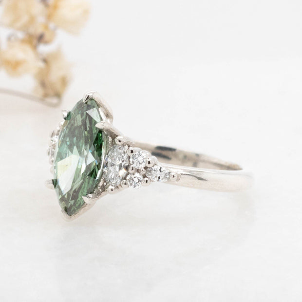 Noah James Jewellers Manchester In Stock Engagement Ring Diana Marquise Cut Green Lab Grown Diamond Engagement Ring with fancy cluster shoulders platinum 1.78ct Lab Grown Diamond Moissanite