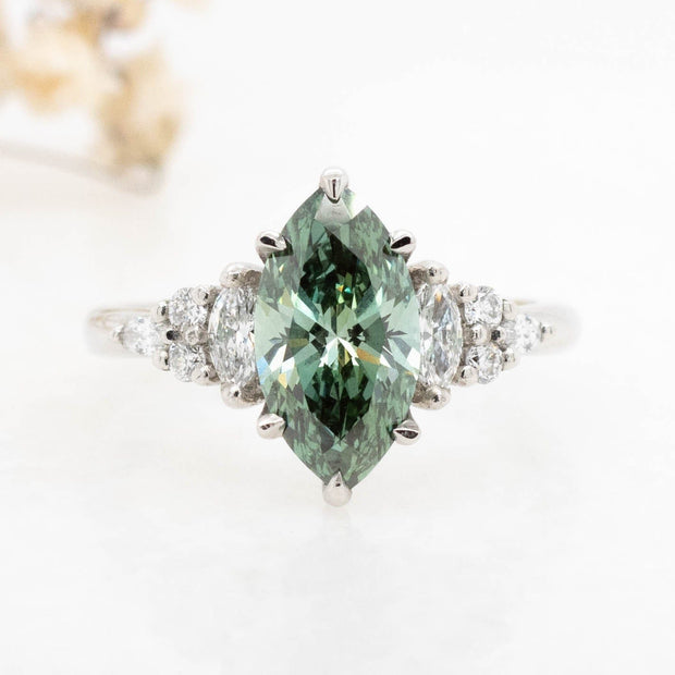 Noah James Jewellers Manchester In Stock Engagement Ring Diana Marquise Cut Green Lab Grown Diamond Engagement Ring with fancy cluster shoulders platinum 1.78ct Lab Grown Diamond Moissanite