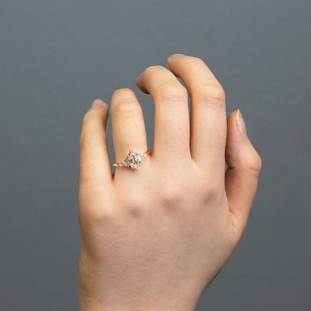 Diana Marquise Cut Peach Lab Grown Diamond Engagement Ring with fancy cluster shoulders 18ct yellow gold 1.00ct