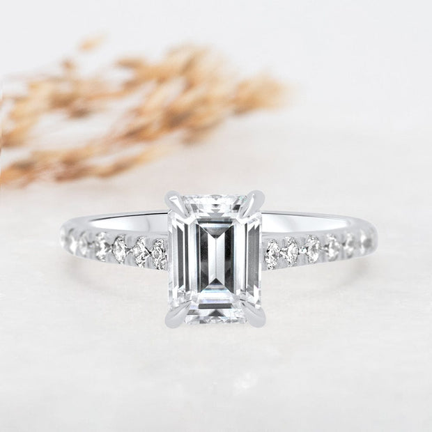 Noah James Jewellers Manchester Engagement Ring Elena Emerald Cut Diamond Set Band Engagement Ring Platinum Lab Grown Diamond Moissanite