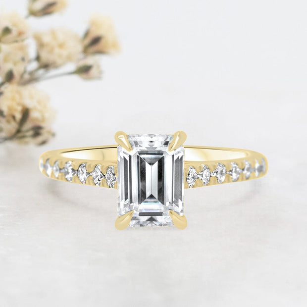 Noah James Jewellers Manchester Engagement Ring Elena Emerald Cut Diamond Set Band Engagement Ring Yellow Gold Lab Grown Diamond Moissanite