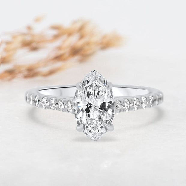 Noah James Jewellers Manchester Engagement Ring Elena Marquise Cut Diamond Set Band Engagement Ring Platinum Lab Grown Diamond Moissanite