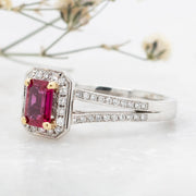 Noah James Jewellers Manchester In Stock Coloured Stone Ring Emerald Cut Ruby Split Shank Halo Ring Lab Grown Diamond Moissanite