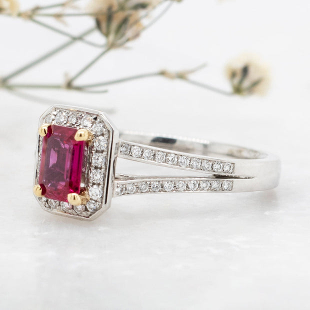 Noah James Jewellers Manchester In Stock Coloured Stone Ring Emerald Cut Ruby Split Shank Halo Ring Lab Grown Diamond Moissanite