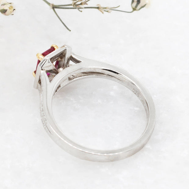 Noah James Jewellers Manchester In Stock Coloured Stone Ring Emerald Cut Ruby Split Shank Halo Ring Lab Grown Diamond Moissanite