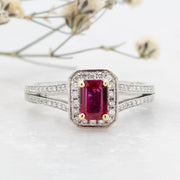 Noah James Jewellers Manchester In Stock Coloured Stone Ring Emerald Cut Ruby Split Shank Halo Ring Lab Grown Diamond Moissanite