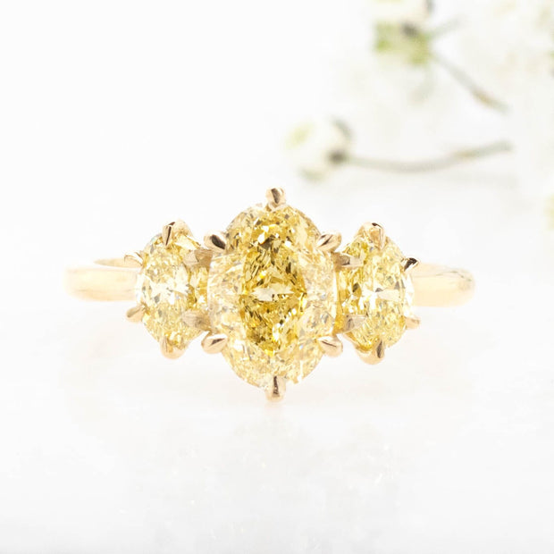 Noah James Jewellers Manchester In Stock Engagement Ring Emmeline Oval 3 Stone Lab Grown Yellow Diamond Engagement Ring 18ct Yellow Gold 1.50ct Lab Grown Diamond Moissanite