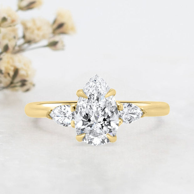 Noah James Jewellers Manchester Engagement Ring Flora 3 Stone Pear Shape Engagement Ring Yellow Gold Lab Grown Diamond Moissanite