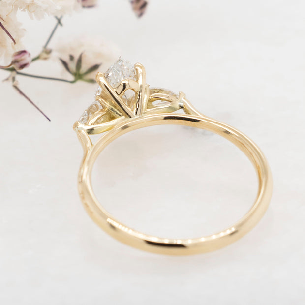 Noah James Jewellers Manchester In Stock Engagement Ring Flora Marquise and Pear Shaped 3 Stone Lab Grown Diamond Engagement Ring Yellow Gold Lab Grown Diamond Moissanite