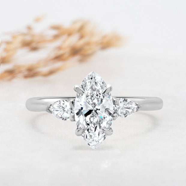Noah James Jewellers Manchester Engagement Ring Flora Marquise Cut and Pear Shape Engagement Ring Platinum Lab Grown Diamond Moissanite