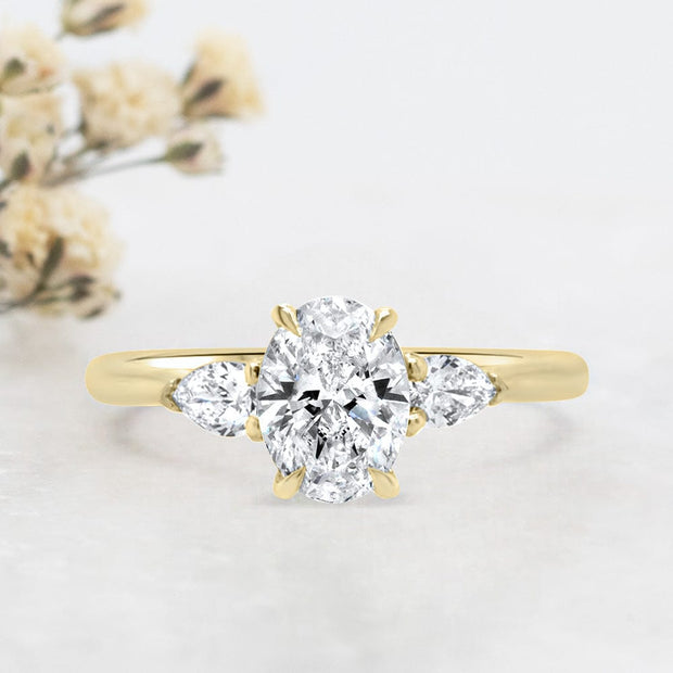 Noah James Jewellers Manchester Engagement Ring Flora Oval Cut and Pear Shape Engagement Ring Yellow Gold Lab Grown Diamond Moissanite