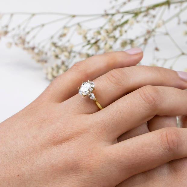 Noah James Jewellers Manchester Engagement Ring Flora Oval Cut and Pear Shape Engagement Ring Yellow Gold Lab Grown Diamond Moissanite