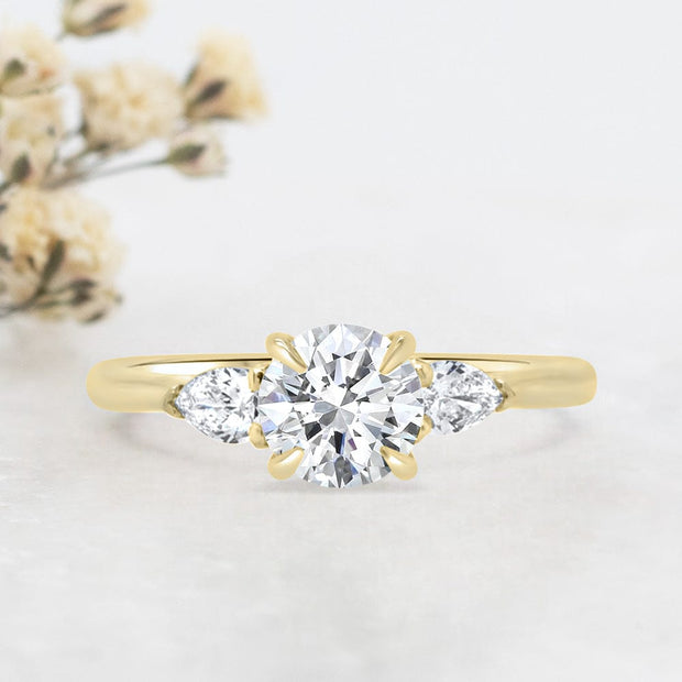 Noah James Jewellers Manchester Engagement Ring Flora Round Brilliant Cut and Pear Shape Engagement Ring Yellow Gold Lab Grown Diamond Moissanite